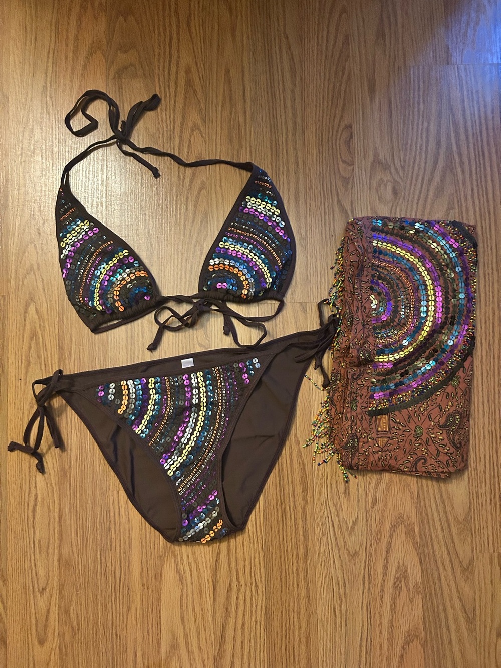 NWOT Y2K Victorias Secret Brown Rainbow Sequins Bikini W/ Sarong Wrap Boho Sz M